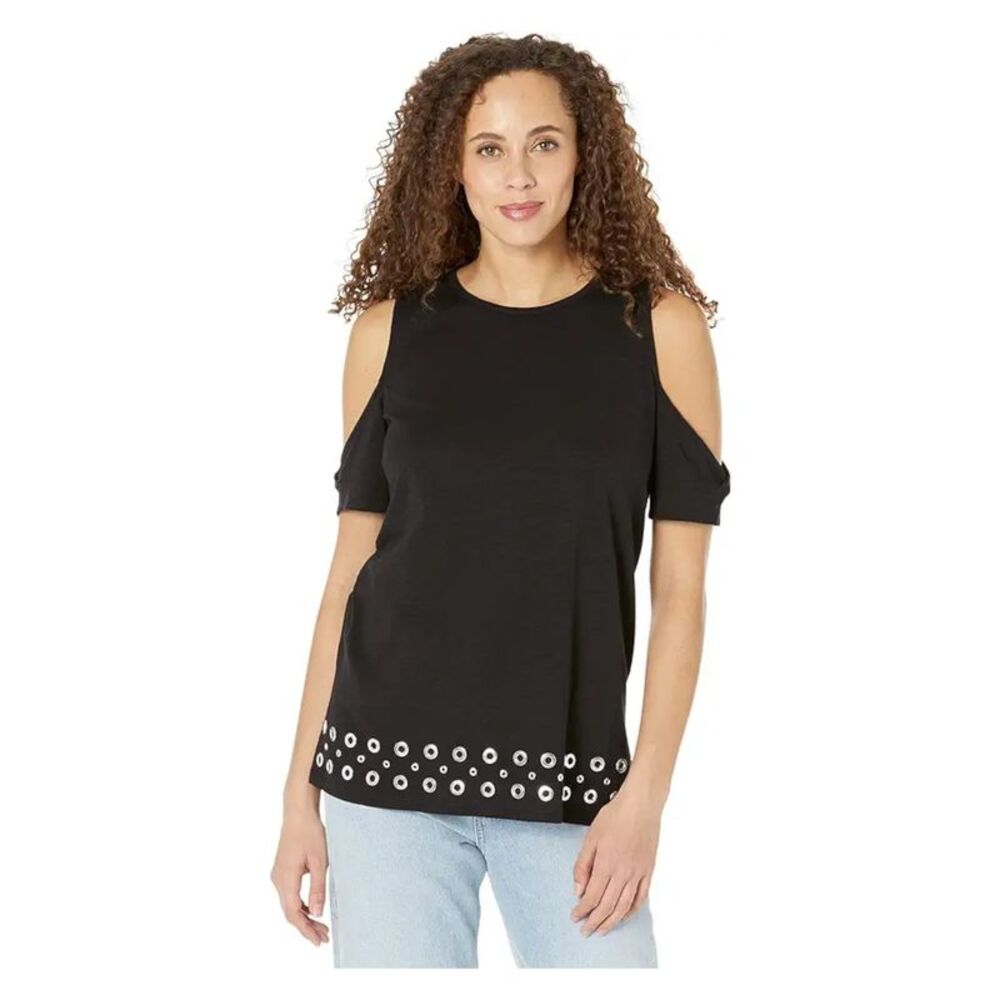 MICHAEL KORS Womens Black Grommets At Hem Short Sleeve Crew Neck Top Plus 3X